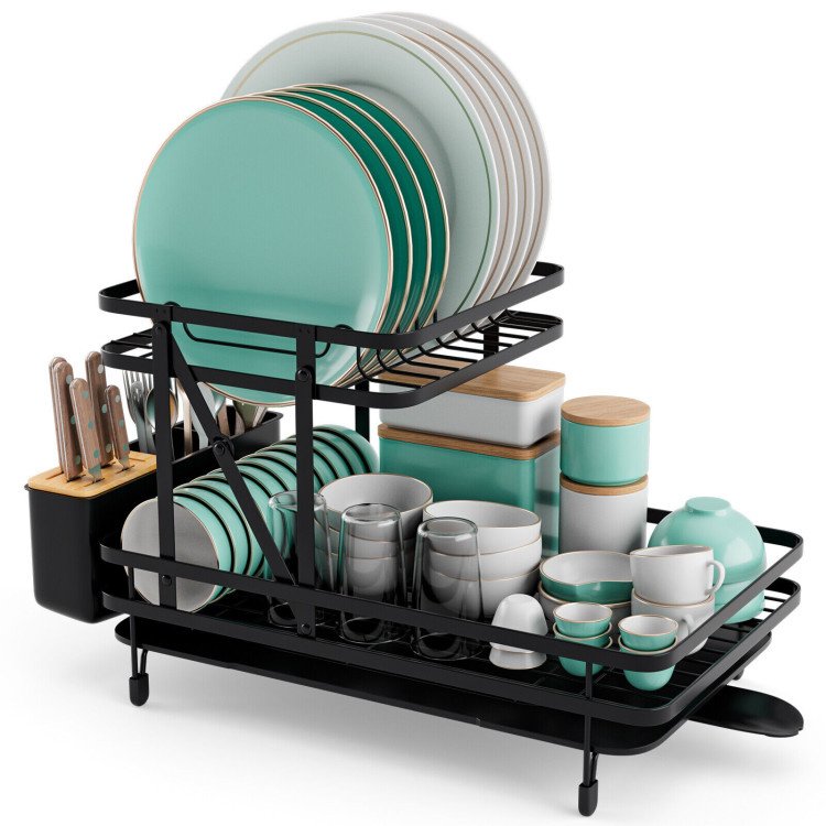 Dish Displacement Rack 2-Tier Collapsible Dish Rack with Removable Drip Tray